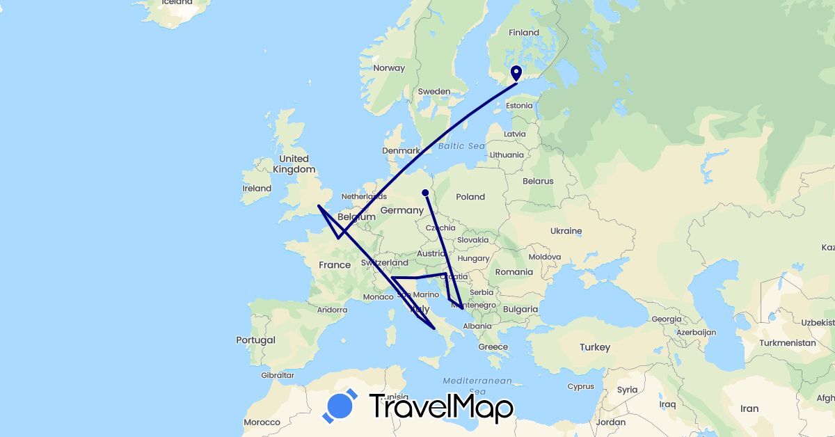 TravelMap itinerary: driving in Germany, Finland, France, United Kingdom, Croatia, Italy (Europe)
